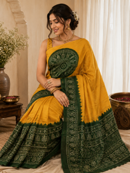 Mustard Yellow & Deep Green Mirror Work Saree