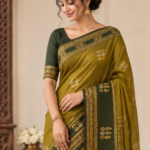 Olive Green & Black Gold Woven Saree