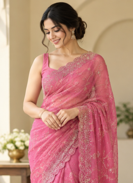 Designer Pink Organza Embroidered Saree with Sequin Detailing