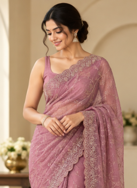 Designer Mauve Pink Embroidered Saree with Sequin & Floral Work