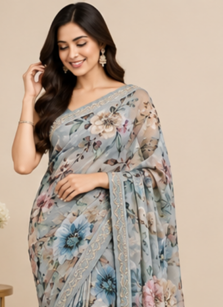 Floral Printed Embellished Saree with Beaded Border