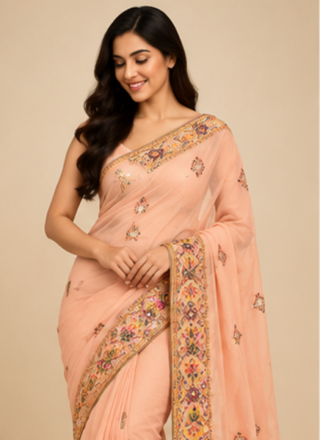 Peach Embroidered Saree with Multicolour Mirror Work Border & Tassels