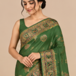 Bottle Green Traditional Embroidered Saree with Multicolour Folk Motif Border