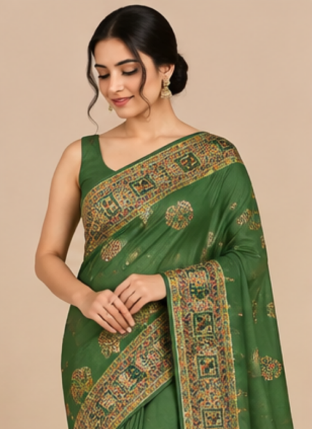 Bottle Green Traditional Embroidered Saree with Multicolour Folk Motif Border
