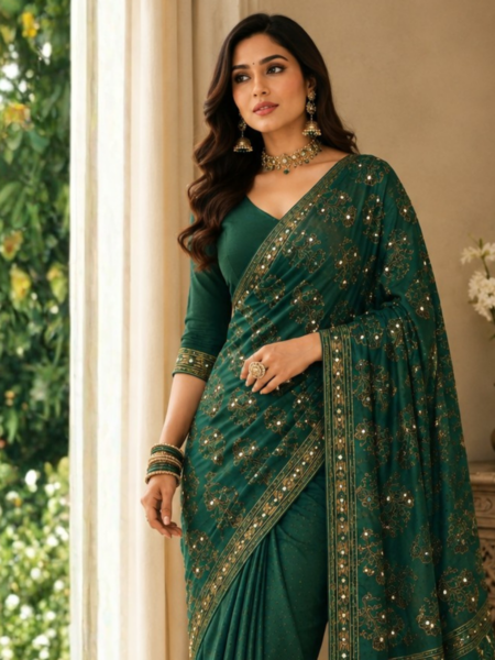 Emerald Elegance – Handcrafted Heritage Saree