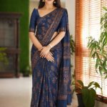 Elegant Indigo Blue Floral Printed Saree
