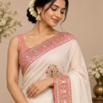 Women Ivory & Pink Embroidered Designer Saree