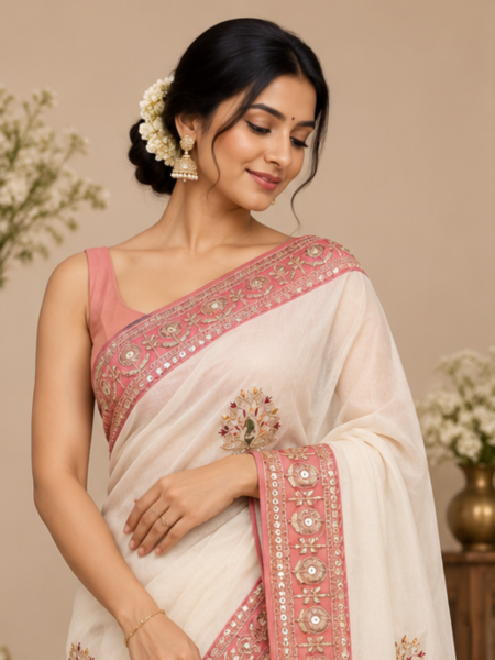 Women Ivory & Pink Embroidered Designer Saree