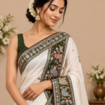 Women Ivory Designer Saree with Intricate Green Embroidered Pallu & Border