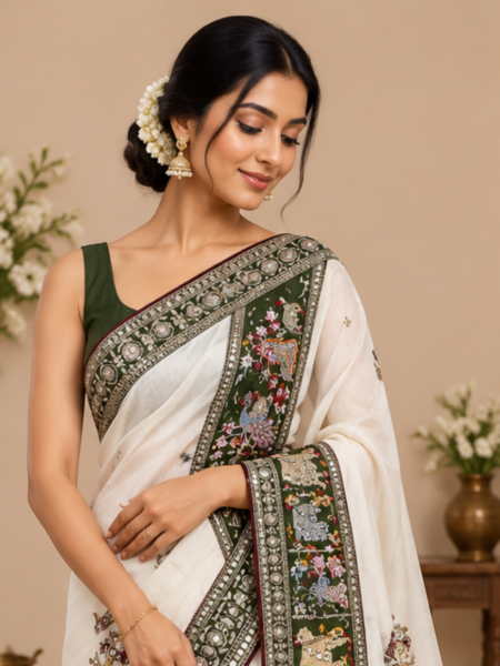 Women Ivory Designer Saree with Intricate Green Embroidered Pallu & Border