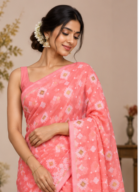 Women Coral Pink Jamdani Woven Saree