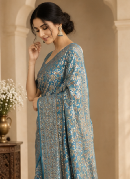 Elegant Teal Blue Traditional Saree